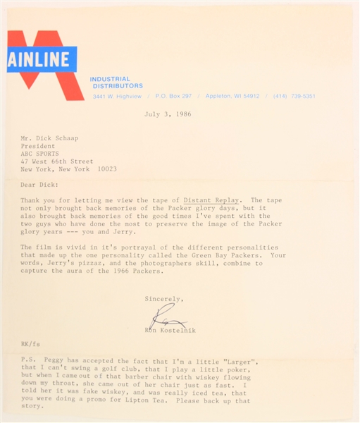 1986 Ron Kostelnik Green Bay Packers Signed Letter to Dick Schaap (JSA)