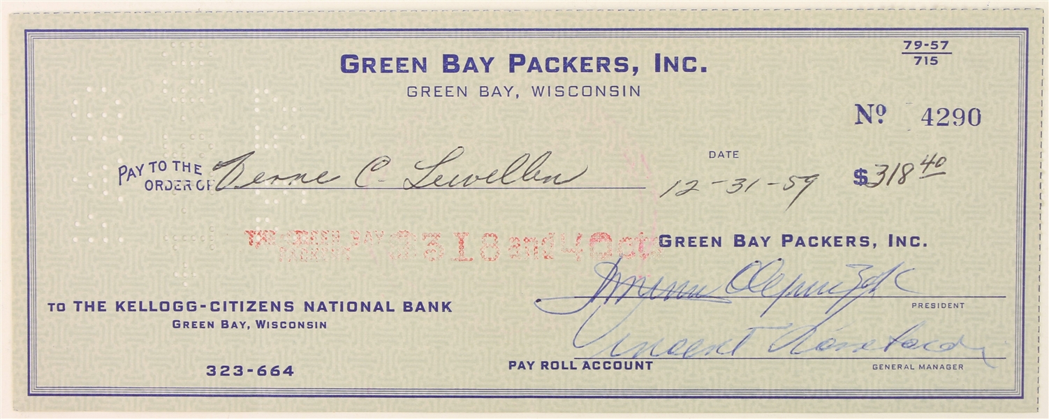1959 Vince Lombardi Verne Lewellen Green Bay Packers Signed Check (JSA)