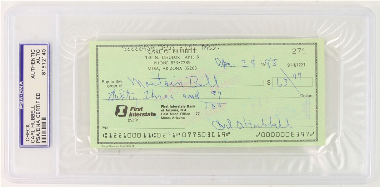 1983 Carl Hubbell New York Giants Signed Personal Check (PSA/DNA Slabbed)