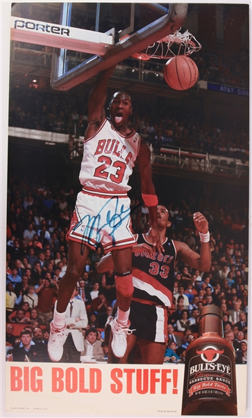 1987 Michael Jordan Chicago Bulls Signed 14" x 24" Bulls-Eye Barbeque Sauce Broadside (JSA)