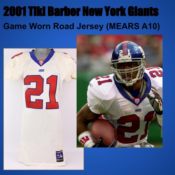 2001 Pounded Tiki Barber New York Giants Game Worn Road Jersey (MEARS A10)