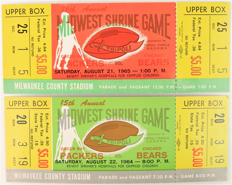 1964-65 Green Bay Packers Chicago Bears Milwaukee County Stadium Midwest Shrine Game Tickets - Lot of 2