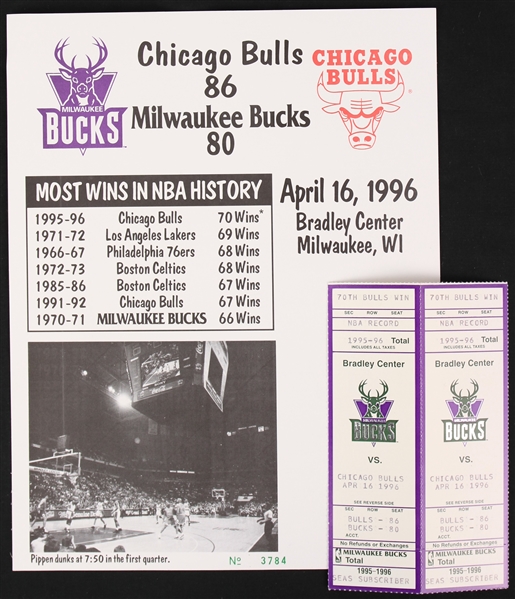 1996 Chicago Bulls Record Setting 70th Win Commemorative Tickets & Display Card