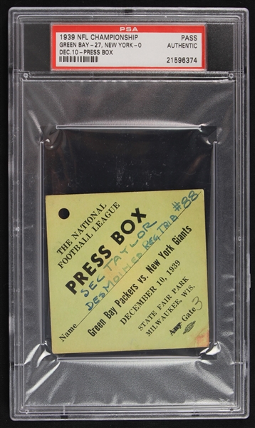 1939 Green Bay Packers New York Giants NFL Championship Game Wisconsin State Fair Park Press Box Pass (PSA Authentic)