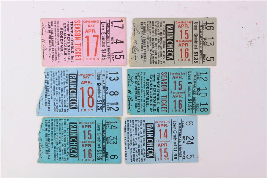1956-59 Milwaukee Braves Milwaukee County Stadium Opening Day Ticket Stubs - Lot of 6