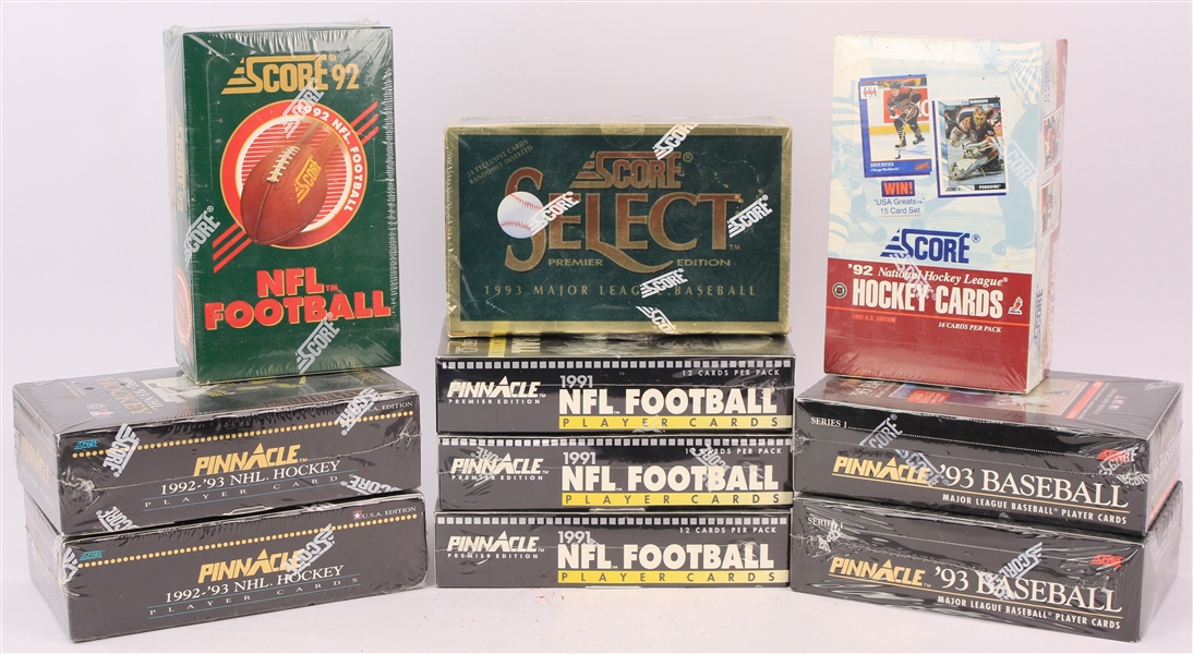 1990-93 Baseball Football Hockey Trading Cards - Lot of 10 Unopened Hobby Boxes & 5 Uncut Sheets