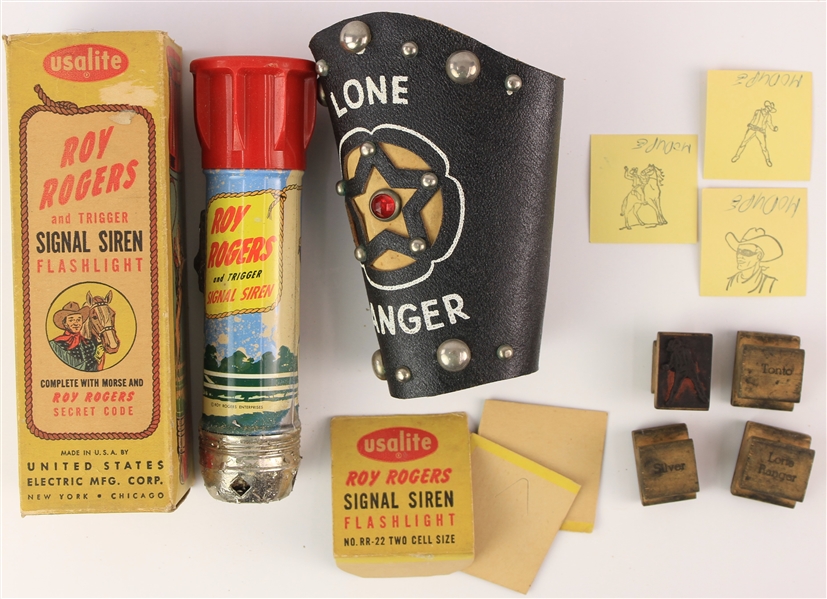 1950s Lone Ranger & Roy Rogers Collection - Lot of 6 w/ Roy Rogers Signal Siren Flashlight, Lone Ranger Wrist Band & More 