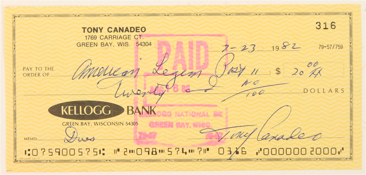 1982 Tony Canadeo Green Bay Packers Signed Personal Check (JSA)