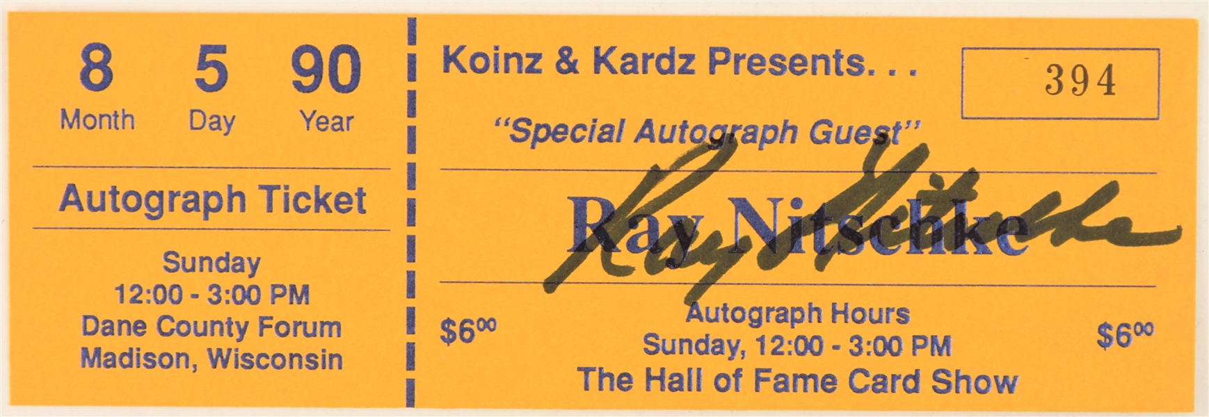 1990 Ray Nitschke Green Bay Packers Signed Autograph Ticket (JSA) 