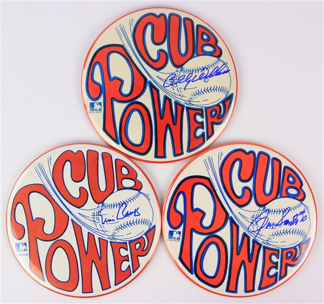 1969 Ernie Banks Ron Santo Billy Williams Chicago Cubs Signed 6" Cub Power Pinback Buttons - Lot of 3 (JSA)