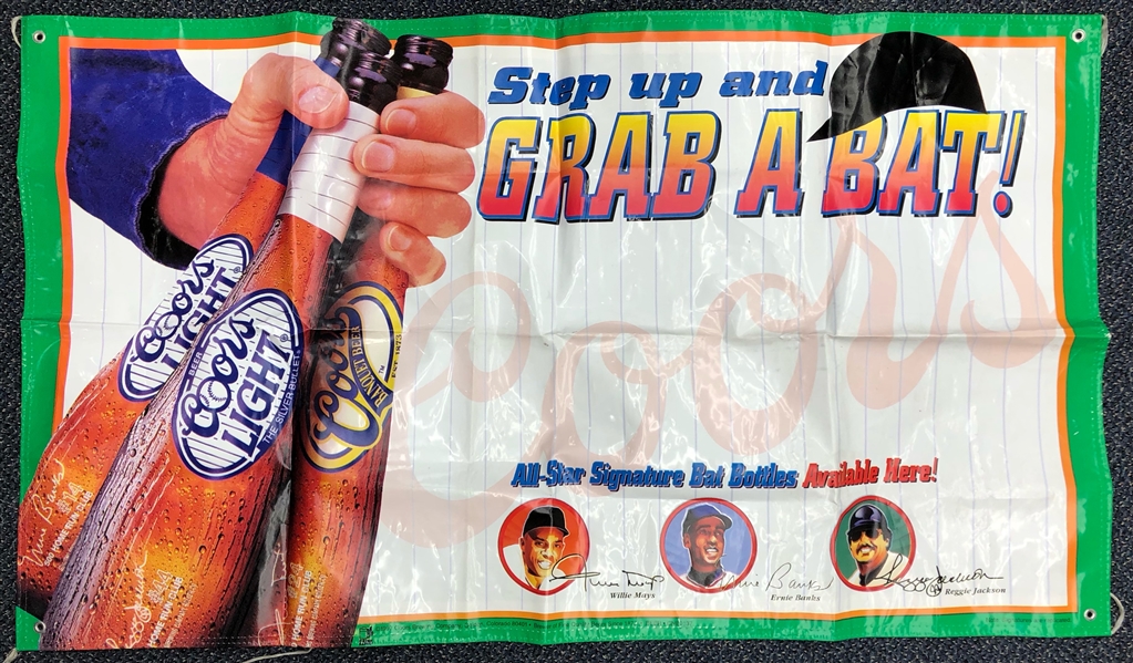 1997 Willie Mays Ernie Banks Reggie Jackson Facsimile Signed 34" x 58" Coors "Step Up And Grab A Bat" Banner