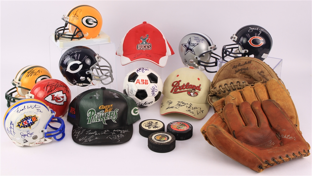 1980s-2000s Signed Mini Helmets Baseball Gloves Hockey Pucks & More - Lot of 16 + 75 Warren Moon Trading Cards (JSA)