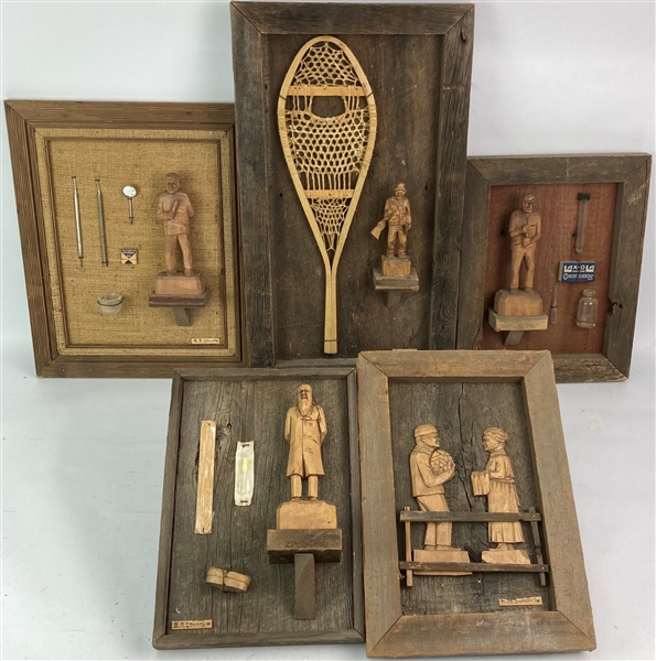 1940s-50s RA Struck Carved Wooden Figures Framed Displays w/ Accoutrements - Lot of 5 w/ Trapper, Dentist, Pharmacist & Doctor
