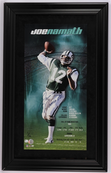 2008 Joe Namath New York Jets Signed 20" x 32" Framed Career Stats Photo (JSA) 1/50