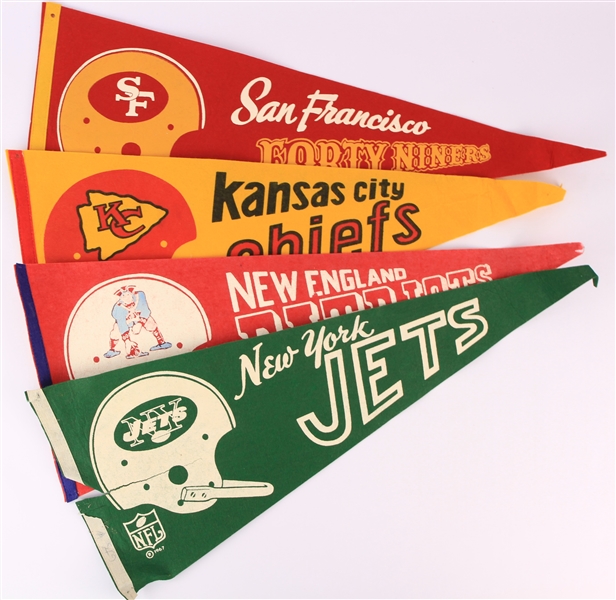 1967 NFL Full Size 29" Pennant Collection - Lot of 4 w/ NY Jets, SF 49ers, KC Chiegs & New England Patriots