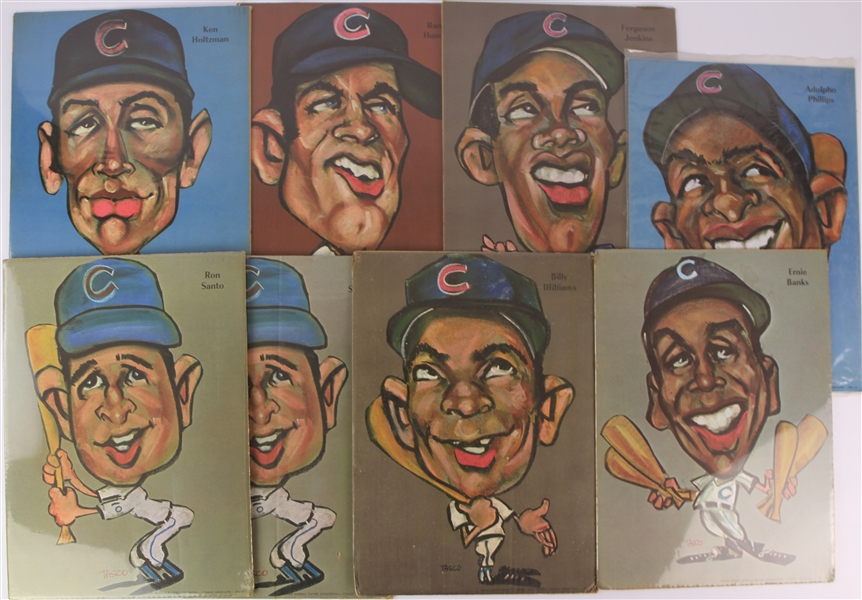 1969 Chicago Cubs 11.5" x 16" Tasco Player Caricatures - Lot of 12 w/ Ernie Banks, Ferguson Jenkins, Ron Santo & More