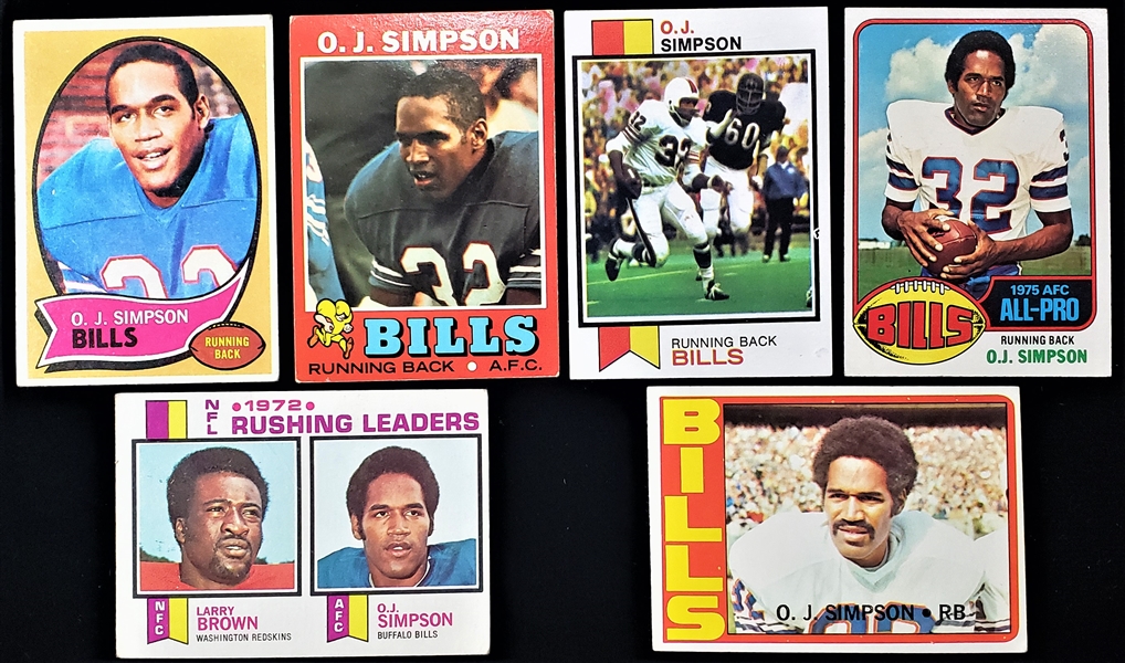 1970-76 OJ Simpson Buffalo Bills Topps Football Trading Cards - Lot of 6 w/ Rookie Card