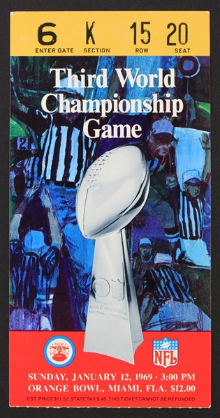 1969 New York Jets Baltimore Colts Super Bowl III Orange Bowl Ticket Stub
