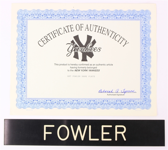 1977-88 Art Fowler New York Yankees Locker Room Name Plate (MEARS LOA/Yankees COA)
