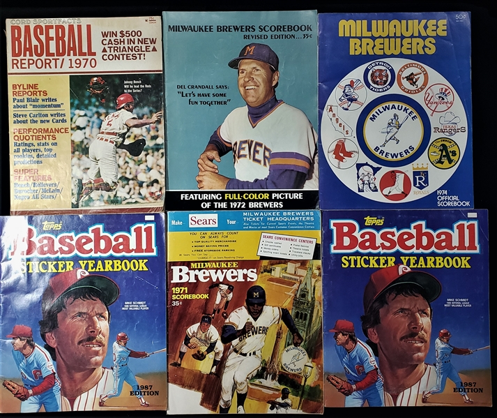 1970-87 Baseball Publication Collection - Lot of 6 w/ Milwaukee Brewers Scorebooks, 1987 Topps Sticker Yearooks & More