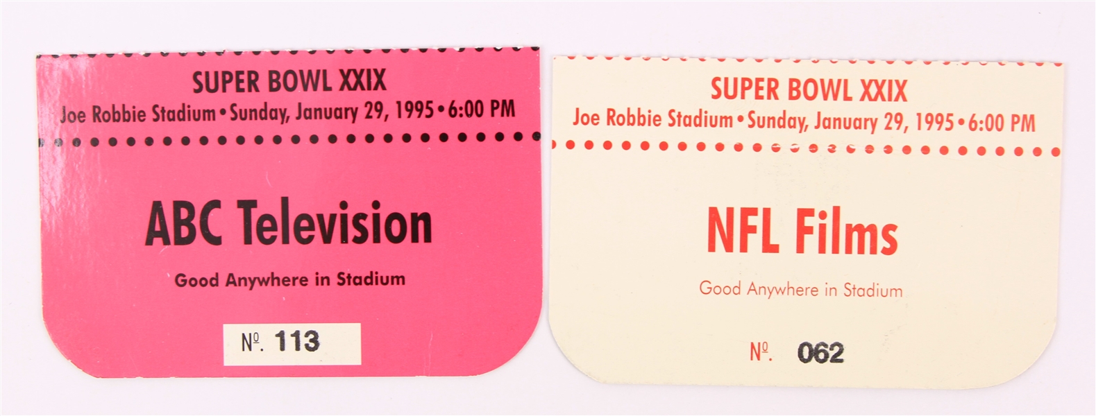 1995 San Francisco 49ers San Diego Chargers Super Bowl XXIX Press Pass Stubs - Lot of 2