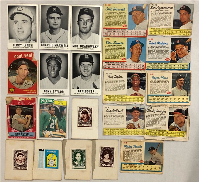 1960s Baseball Card Lot (Post Cereal lot of 9 w/ Mantle) & 4 stamps