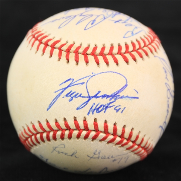 1995-99 Fergie Jenkins Bert Blyleven Mudcat Grant Multi Signed OAL Brown Baseball (JSA)