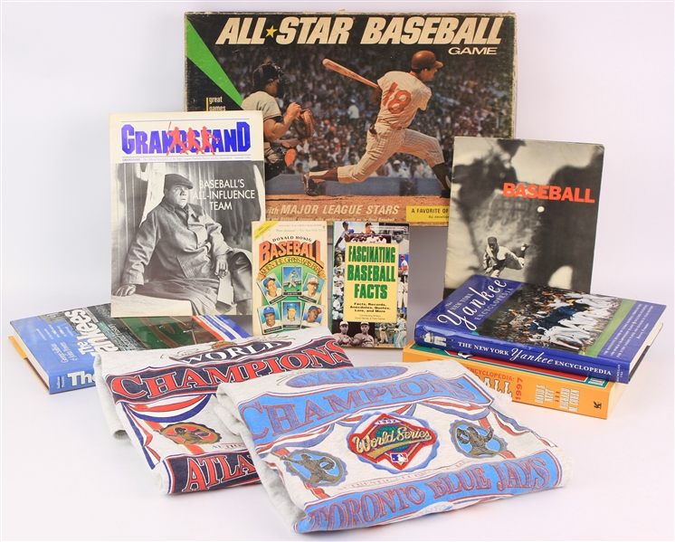 1960s-90s Baseball Memorabilia Collection - Lot of 10 w/ Books, World Series Apparel & All Star Baseball Board Game