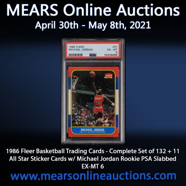 1986 Fleer Basketball Trading Cards - Complete Set of 132 + 11 All Star Sticker Cards w/ Michael Jordan Rookie PSA Slabbed EX-MT 6
