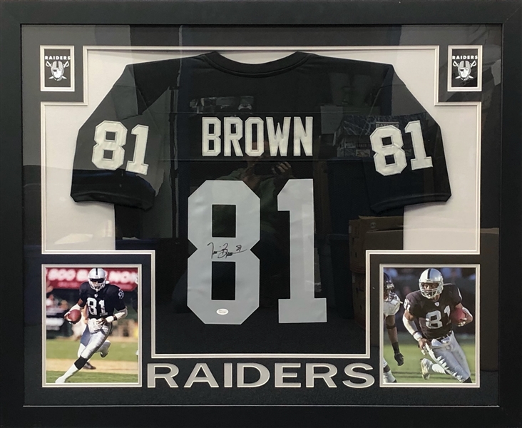 2000s Tim Brown Oakland Raiders 36" x 44" Framed Signed Jersey Display (*JSA*)