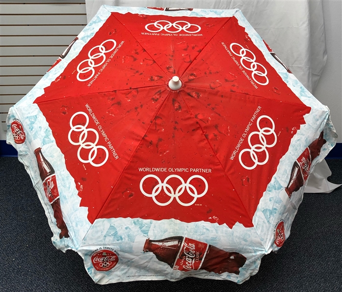 2000s Coca Cola World Wide Olympic Partner Patio Umbrella & Caps - Lot of 3 