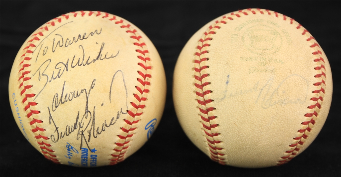 1967-89 Frank Robinson Baltimore Orioles Signed OAL Cronin & Brown Baseballs - Lot of 2 (JSA)