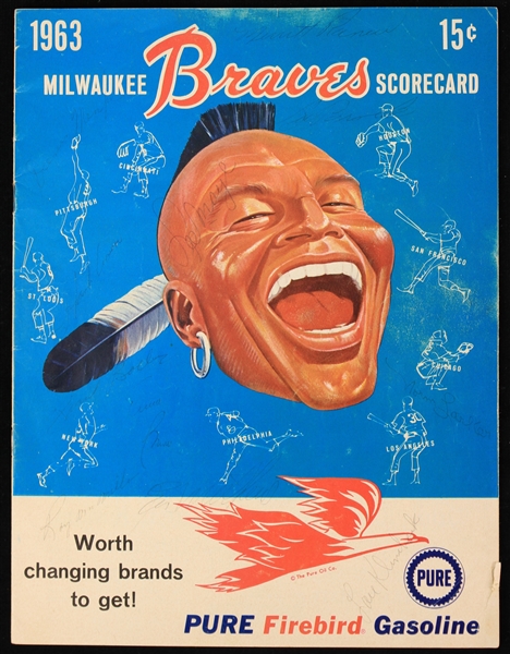 1963 Milwaukee Braves Chicago Cubs Multi Signed County Stadium Scored Game Program w/ 10 Signatures Including Hank Aaron, Eddie Mathews, Ernie Banks, Lou Brock & More