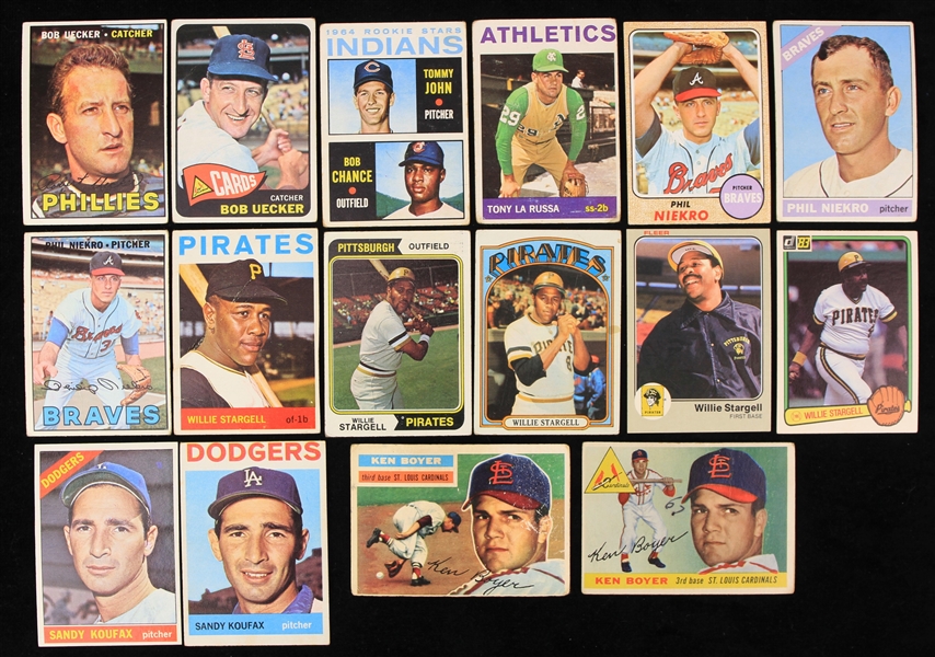 1950s-80s Baseball Trading Cards - Lot of 16 w/ Sandy Koufax, Willie Stargell, Bob Uecker & More
