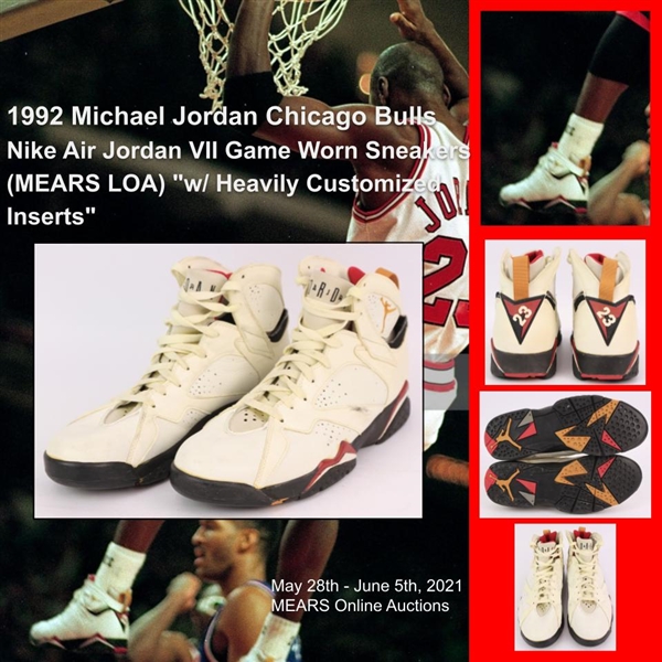 1992 Michael Jordan Chicago Bulls Nike Air Jordan VII Game Worn Sneakers (MEARS LOA) "w/ Heavily Customized Inserts"