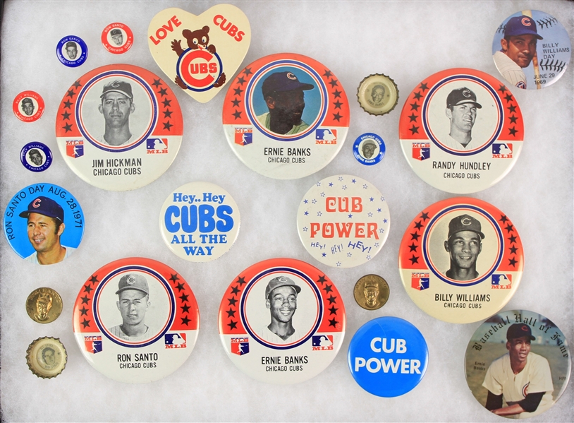 1960s-70s Chicago Cubs Pinback Button Collection - Lot of 22 w/ Ernie Banks, Ron Santo, Billy Williams & More "Exact Condition As Original Owner Kept It"