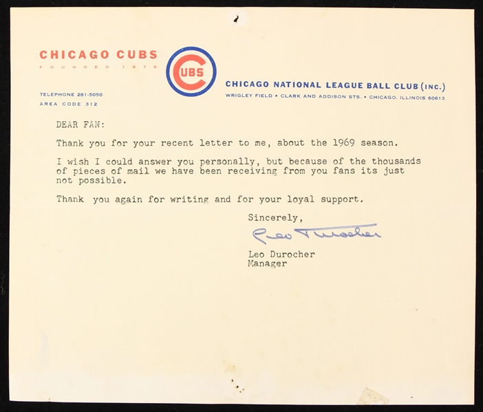 1969 Leo Durocher Chicago Cubs Letter 