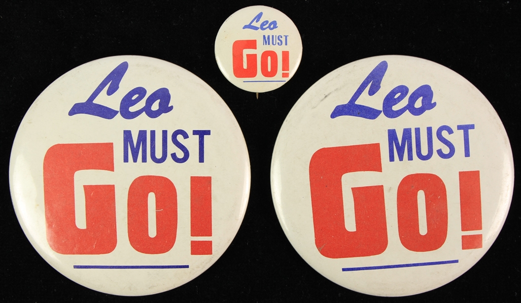 1970s Leo Durocher Chicago Cubs "Leo Must Go!" Pinback Buttons - Lot of 3