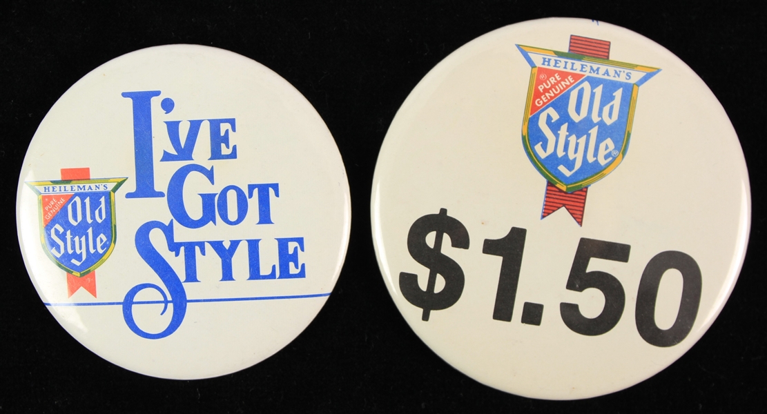 1970s Old Style Vendor Pinback Buttons - Lot of 2 w/ Ive Got Style & $1.50 