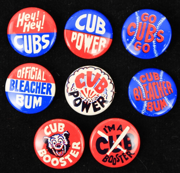 1969 circa Chicago Cubs 3/4" HIGH GRADE Pinback Button Collection - Lot of 8 w/ Bleacher Bum, Cub Power & More
