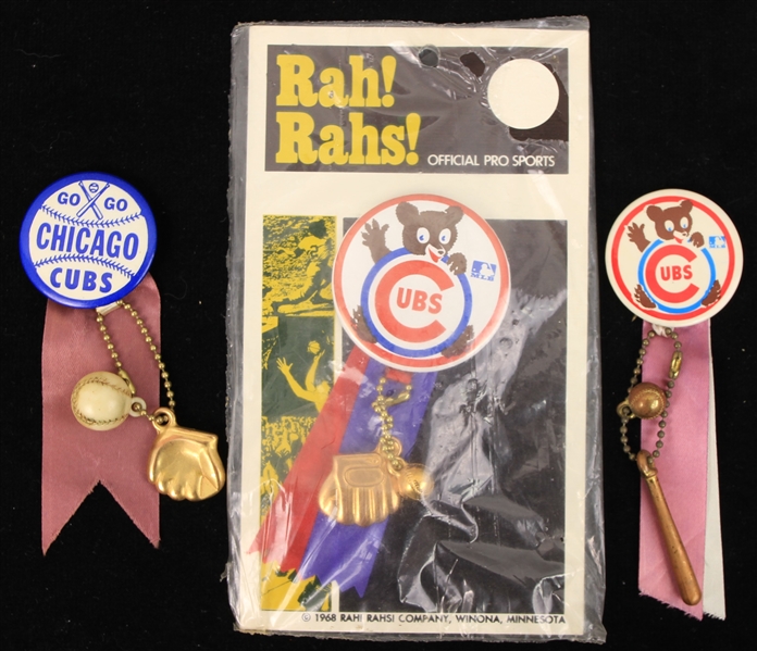 1968-69 Chicago Cubs Pinback Buttons w/ Ribbons & Charms - Lot of 3 w/ 1 Mint on Card