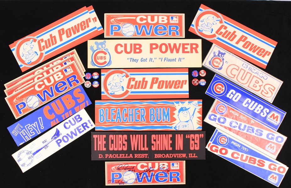 1960s-70s Chicago Cubs Bumper Sticker & Pinback Button Collection - Lot of 31 w/ 1 Multi Signed Including Oscar Gamble, Paul Popovich & More (JSA)