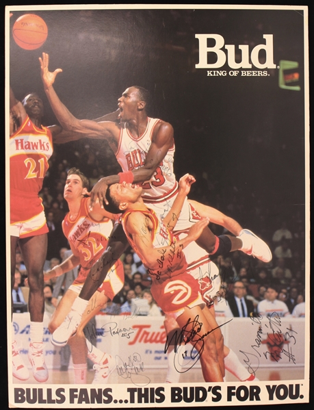 1987-88 Chicago Bulls Team Signed 18" x 24" Foam Mounted Michael Jordan Bud King of Beers Broadside (*Full JSA Letter*)