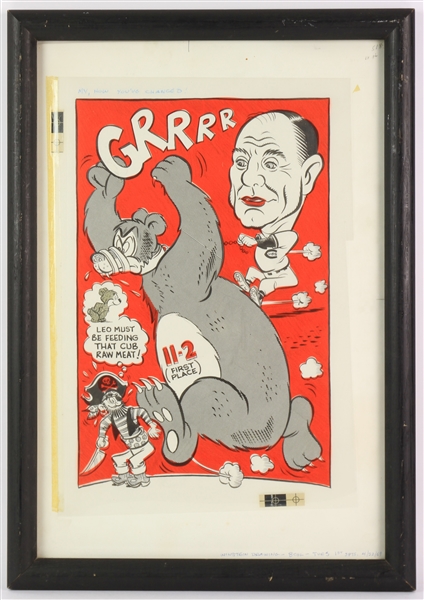 1969 Chicago Cubs 16" x 23" Framed "Leo Must Be Feeding That Cub Raw Meat" Original Newspaper Illustration