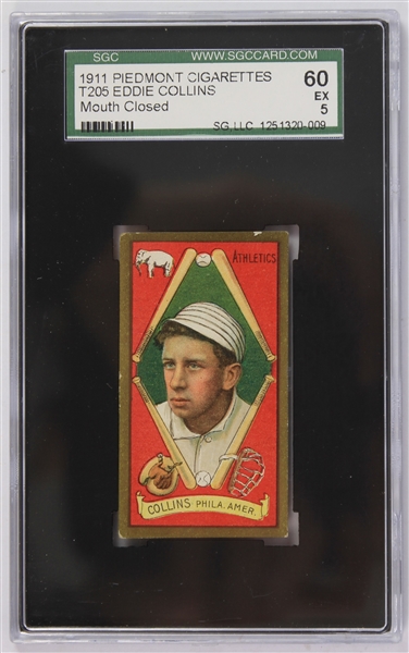 1911 Eddie Collins Philadelphia Athletics Piedmont Cigarettes T205 Baseball Trading Card (SGC 60 EX 5) 