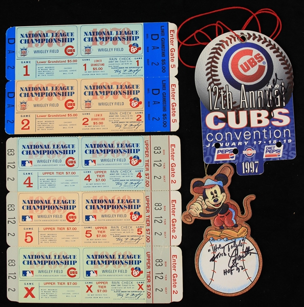 1960s-90s Chicago Cubs Memorabilia - Lot of 4 w/ 1969 & 1970 NLCS Ghost Ticket Strips, Milo Hamilton Signed Ornament & More (JSA)