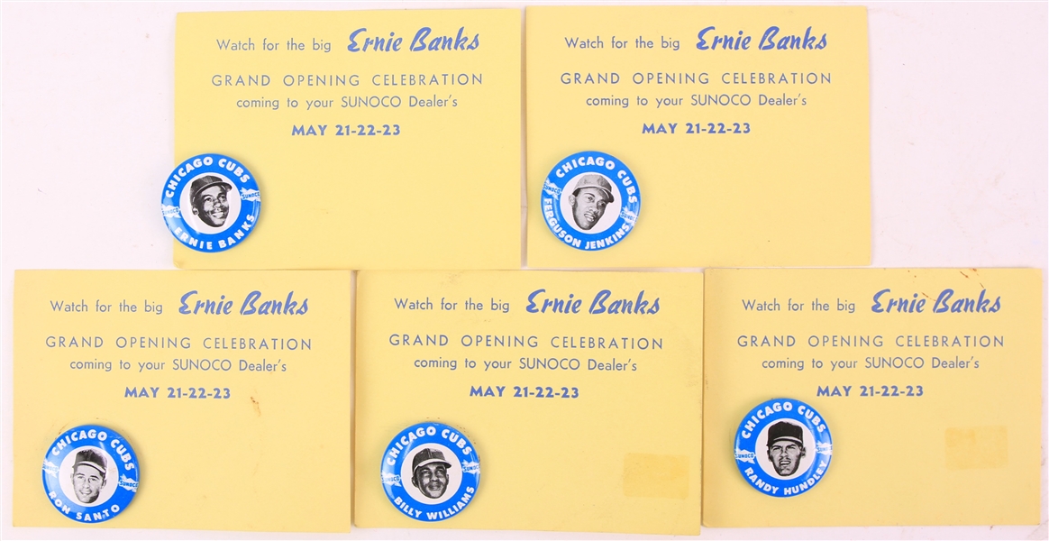 1969 Chicago Cubs 1" Player Pinback Buttons on Original "Watch For The Big Ernie Banks Grand Opening Celebration" Backers - Lot of 5 w/ Banks, Ron Santo, Fergie Jenkins & More