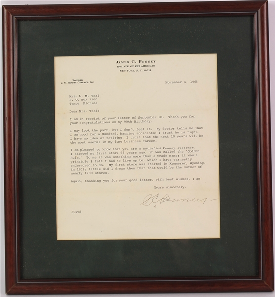 1965 James C. "JC" Penney Signed Letter w/ 13x14 Frame (JSA)