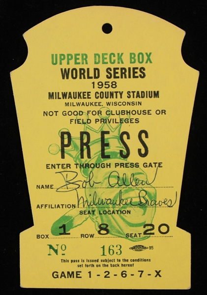 1958 Milwaukee Braves World Series 3x5 Press Pass
