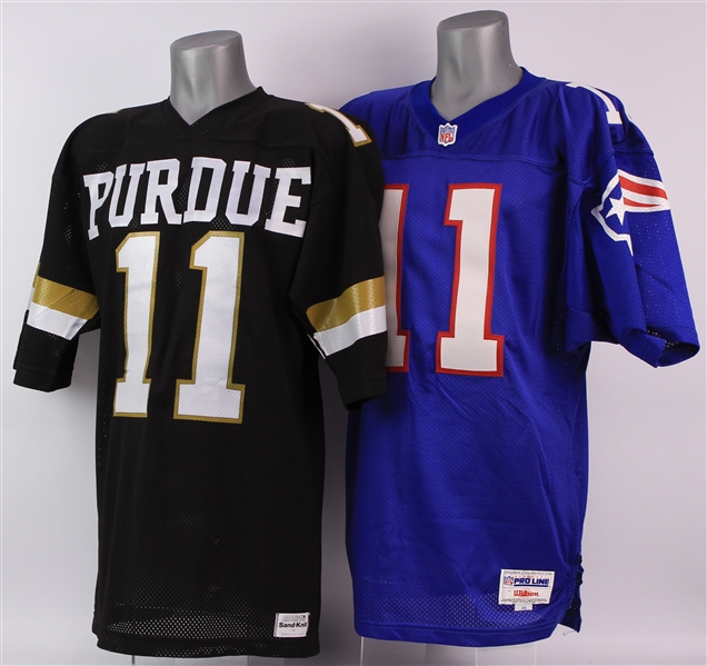 1980s-90s Football Jersey Collection - Lot of 2 w/ Jim Everett Purdue & Drew Bledsoe Secretarial Signed Patriots